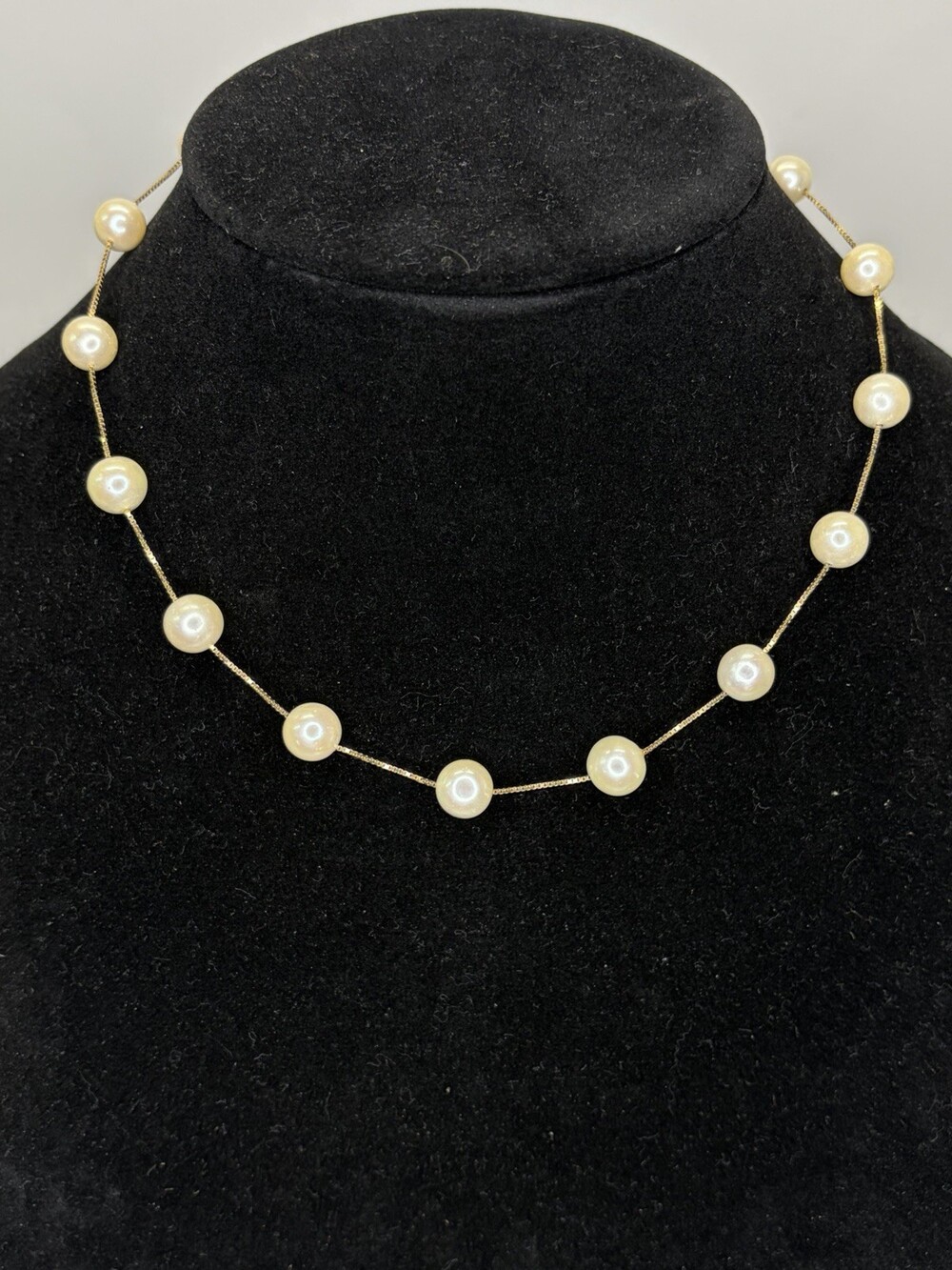14K Yellow Gold Cultured Pearl Tin Cup Station Necklace Box Chain 18" 18.7g